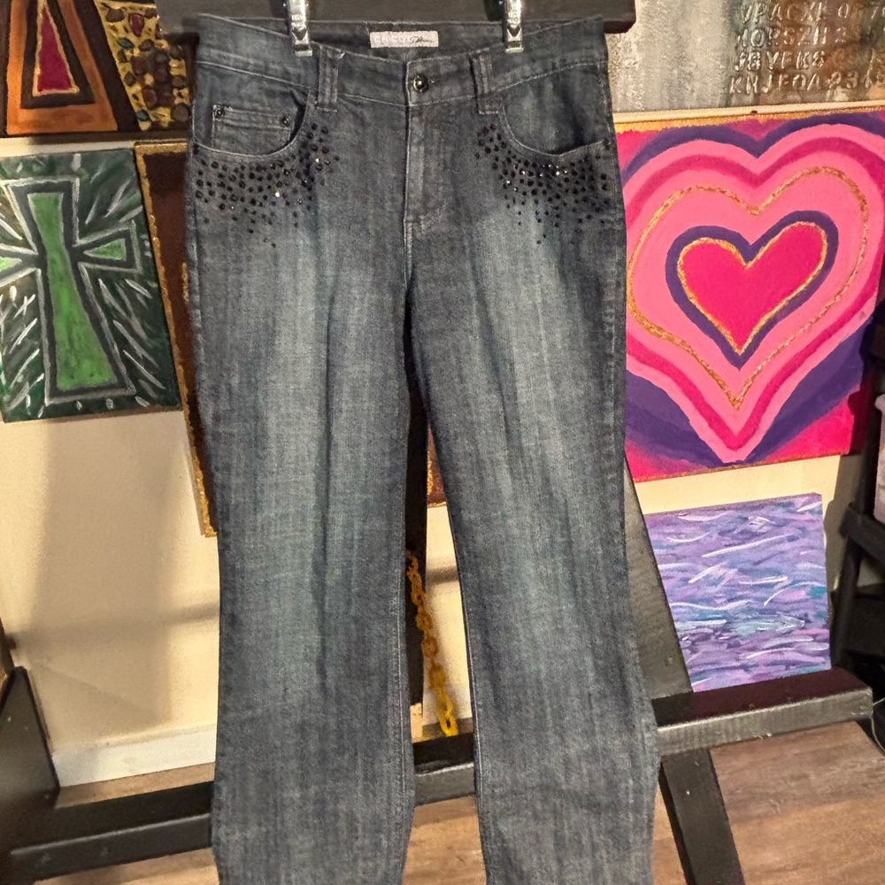 Chico's Size 0 Gray Studded Straight Leg Jeans